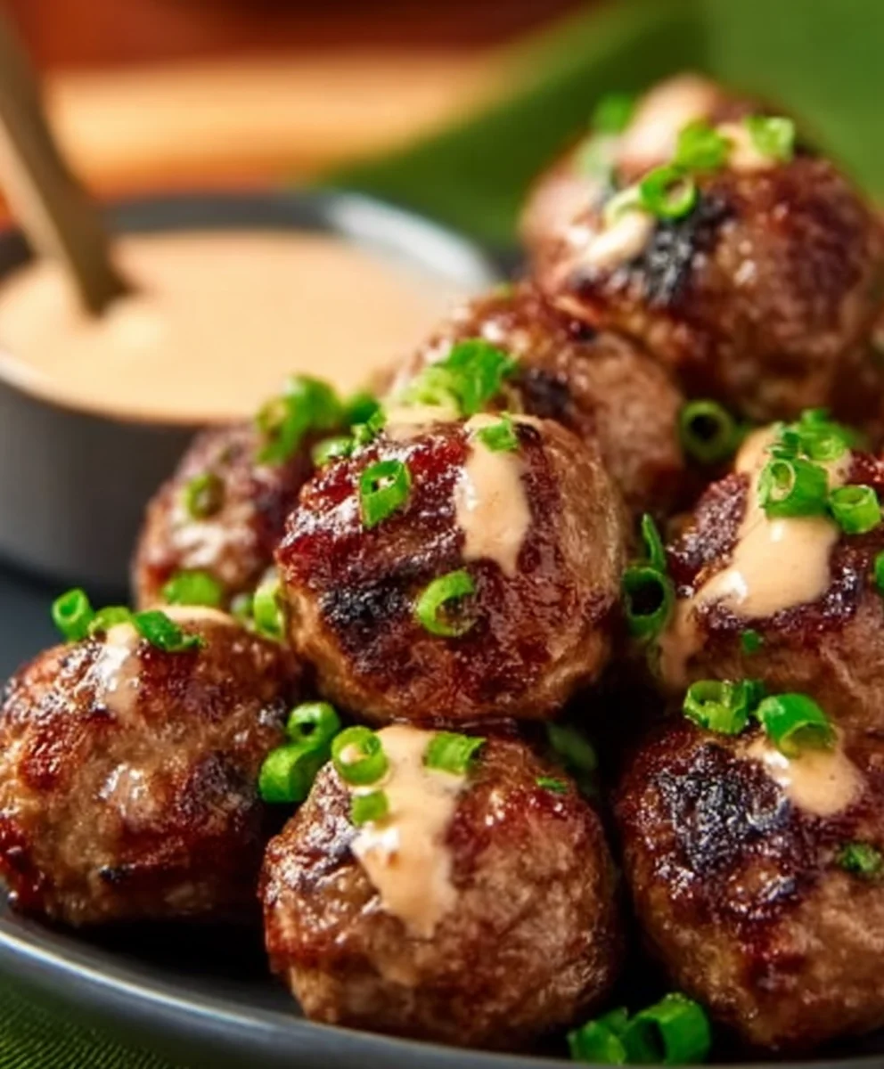 Korean BBQ Beef Meatballs Spicy Mayo Appetizer