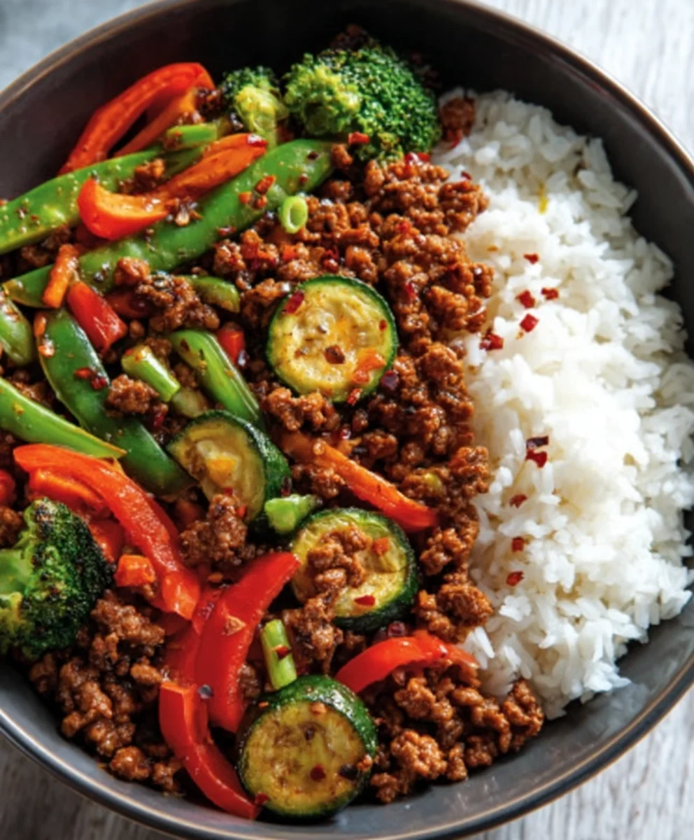 Spicy Ground Beef Stir-Fry Garlic Veggie Rice Bowl