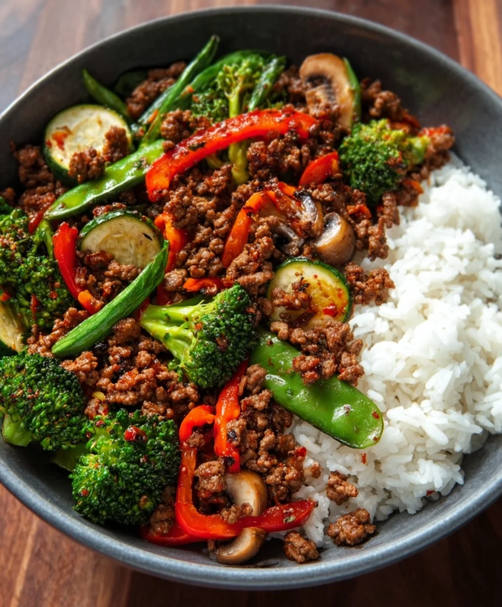 Spicy Ground Beef Stir-Fry Garlic Veggie Rice Bowl