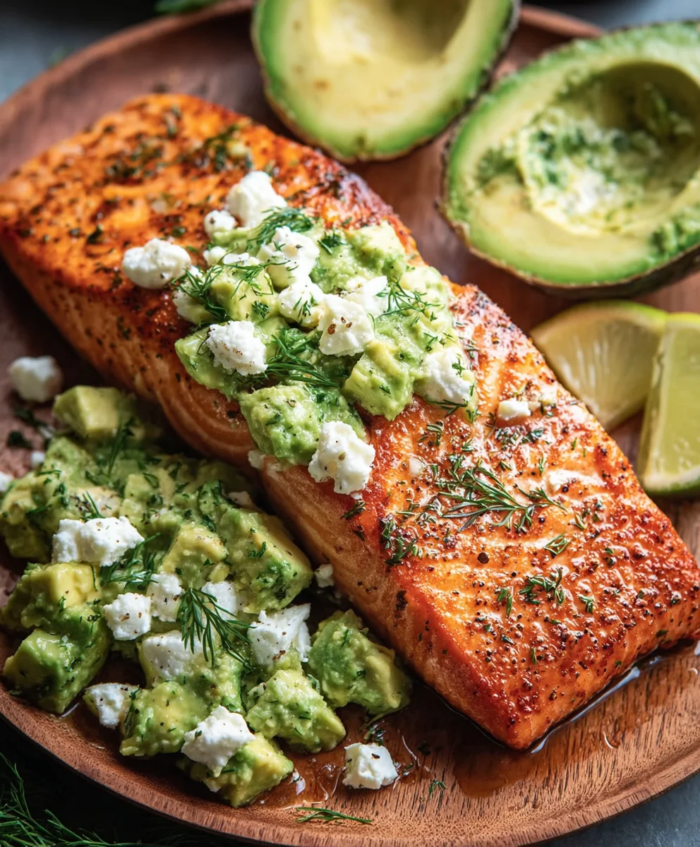Baked Salmon with Avocado Feta - Easy Healthy Meal