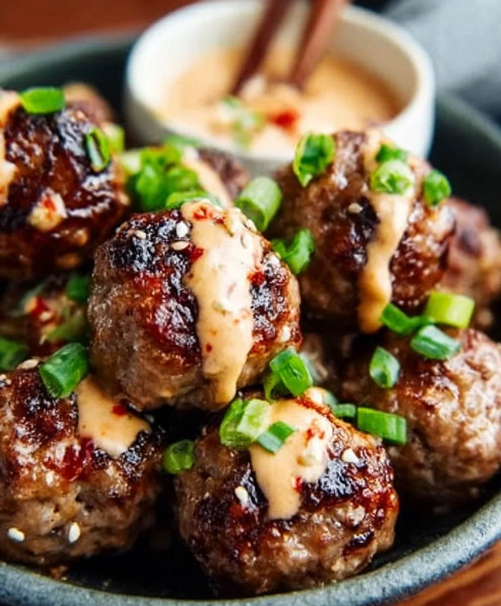 Korean BBQ Beef Meatballs Spicy Mayo Appetizer