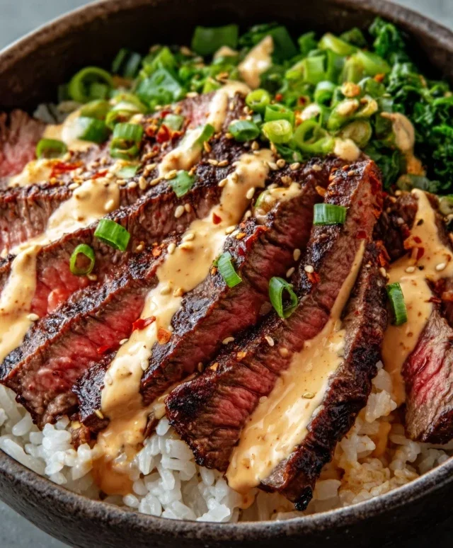 Korean BBQ Steak Rice Bowls with Spicy Cream Sauce