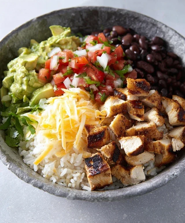 Grilled Chicken Burrito Bowl with Rice and Beans