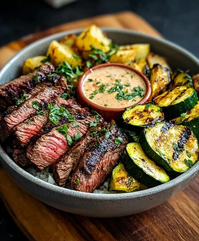 Grilled Steak Bowl with Sauce & Grilled Zucchini Bliss