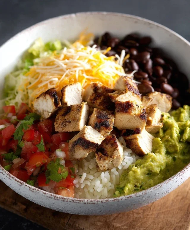 Grilled Chicken Burrito Bowl with Rice and Beans