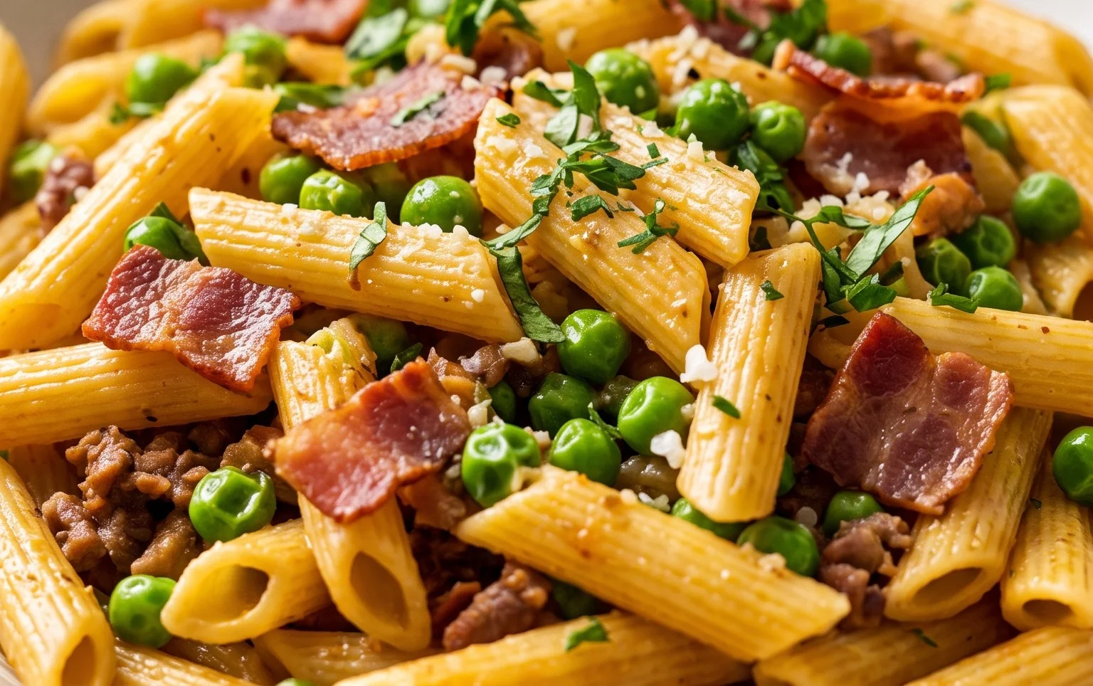 Penne Pasta, Peas and Beef Bacon