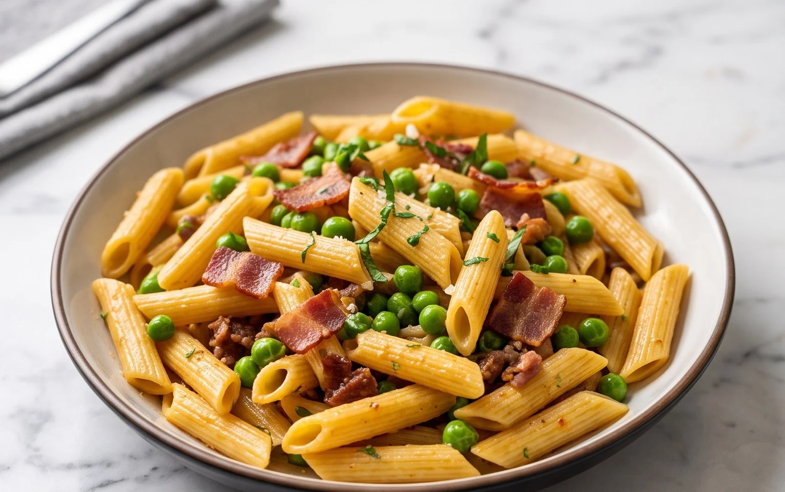 Penne Pasta, Peas and Beef Bacon