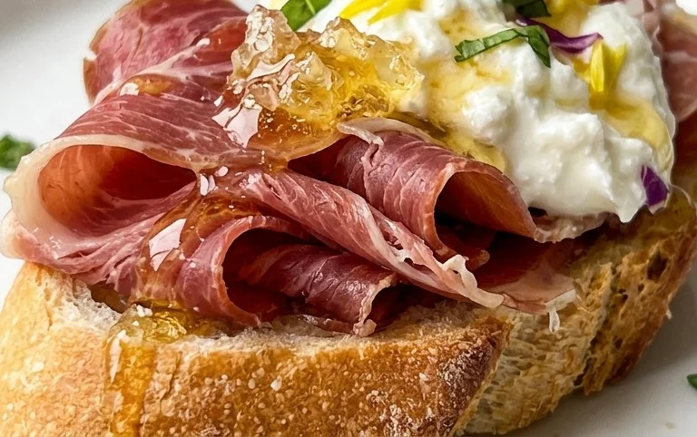 Beef Prosciutto Crostini with Burrata and Lemon Honey Drizzle